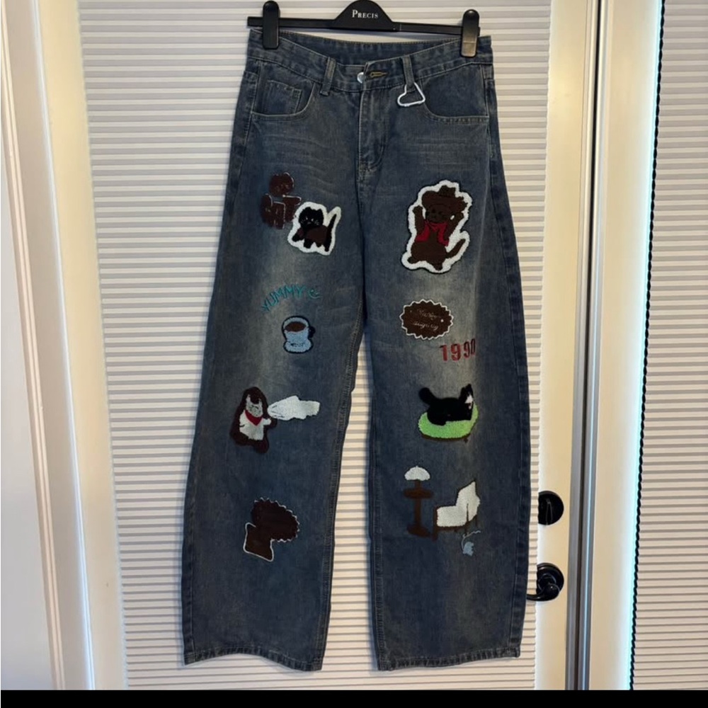 Wide Leg Embroidered Patch Denim Jeans - Multi Color - Picture 3 of 4